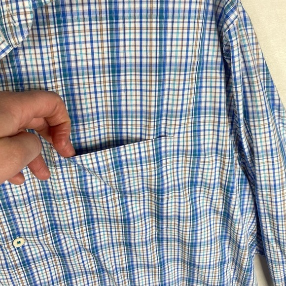 Peter Millar Crown Comfort Blue Plaid Print Pocket Button Down Shirt Size XXL - Picture 3 of 6